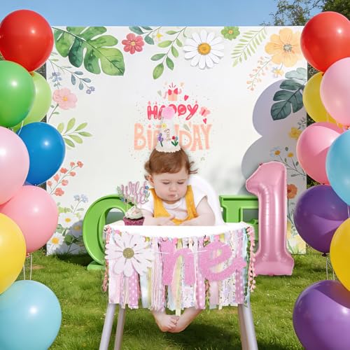 Image of Wild One Flower Highchair Banner for First Birthday Party Decorations | Pink Floral High Chair Tassel Banner for Girls Baby Shower Wildflower Fabric Banner One Birthday Backdrop Decorations