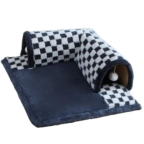 Pazzfre 猫トンネルベッド 猫ハウス キャットトンネル 2in1 隠れ家 取り外し可 柔らかい 猫犬 小型犬 寝床 ペットハウス 冬寒さ対策 冬用 暖かい 洗える 休憩所 運動不足対策 ストレス解消 超軽量 (L 取り外し可能,ダークブルー)