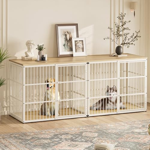 Lyromix 94.48'' Dog Crate Furniture Large Breed TV Stand with Double Rooms for 2 Large Medium Dogs, Wooden Indoor Kennel Crate Cage End Table with Removable Divider, Can Use Separately, Natural Beech by Lyromix - Used condition - US$437.46
