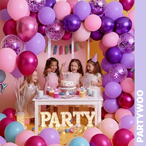 Image of PartyWoo Pink and Purple Balloons 65pcs 12 Inch Baby Pastel Light Metallic Pink Light Purple Lavender Lilac Confetti Balloons for Baby Shower Princess Butterfly Birthday Party Decorations