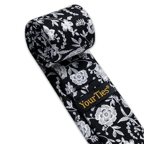 Image of YourTies Cotton Floral Tie for Men 2.5 inch Printed Skinny Necktie Pocket Square Tie Clip Set Flower Wedding Party Groom
