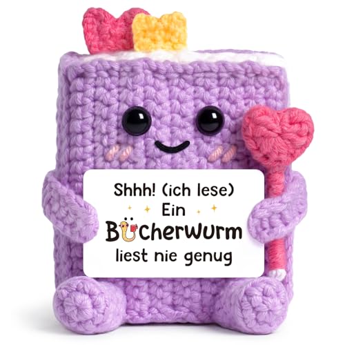 Bücherwurm Geschenke für Frauen & Männer - Lustiger Kleiner Glücksbringer Ein Bücherwurm liest nie genug Handgefertigtes Gehäkelter Buch Deko für Lesezeichen Bibliothekare & Buchliebhaber