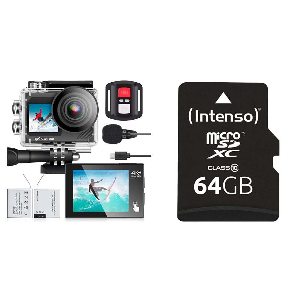 Action Cam,4K 30fps Ultra HD, 40m 100Fuß wasserdichte Unterwasserkamera, WiFi, 170° Ultraweitwinkel, Fernbedienung & Intenso microSDXC 64GB Class 10 Speicherkarte inkl. SD-Adapter, schwarz