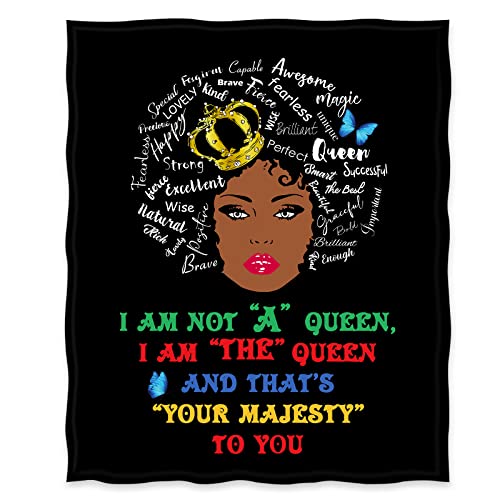 Jekeno African American Black Girl Lady Blanket I AM The Queen Print Gifts for Women Kids Girls Female Friends Home Bedroom Living Room Decor Soft Cozy Plush Throw Blankets Black 50"x60"