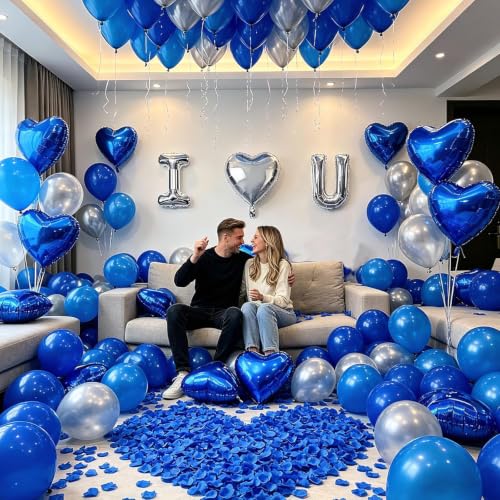 Image of I Love You Balloon Decoration Kit for Him, Royal Blue and Silver | 1000 Silk Rose Petals,Foil Heart Balloons,40 Latex Balloons,Ribbon and Glue Dots|Romantic Room Decor,Anniversary Valentine