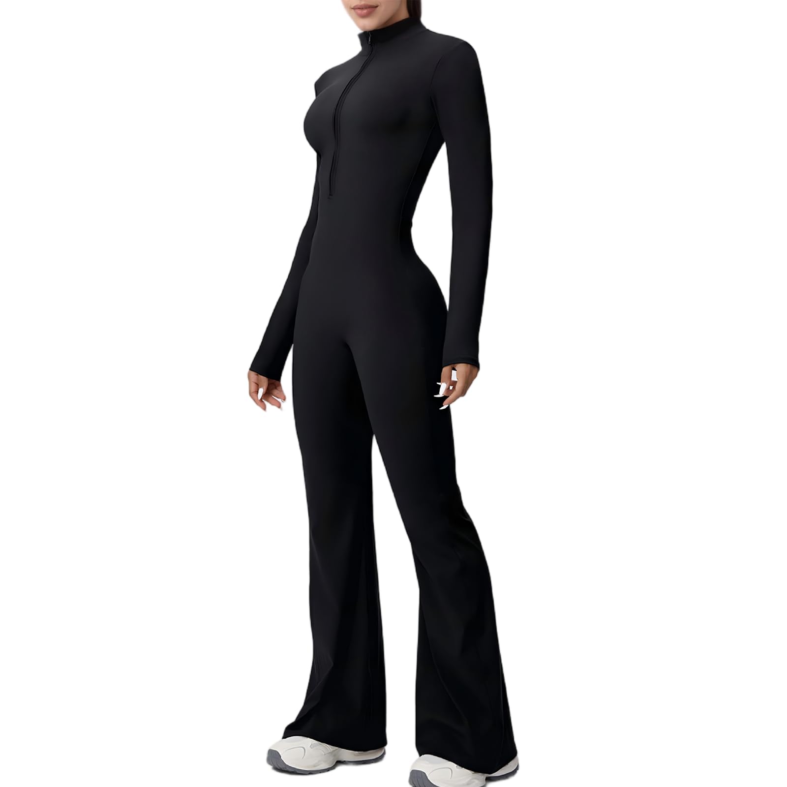 Tuta da allenamento da donna con cerniera e scollo a V, a maniche lunghe, svasata, tuta elastica per sport, palestra, abbigliamento sportivo e fitness quotidiano