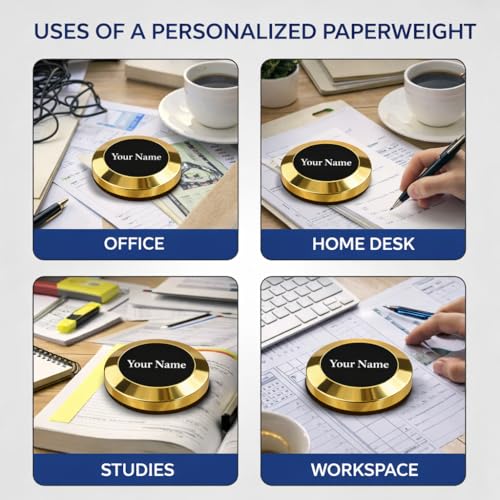 Image of Giftana Personalized Gold Round Paper Weight for Office Table, Smooth Finish Office & Home Stationery Accessory, Paperweight Showpiece Gift for Men & Women, Corporate Gift for Employees