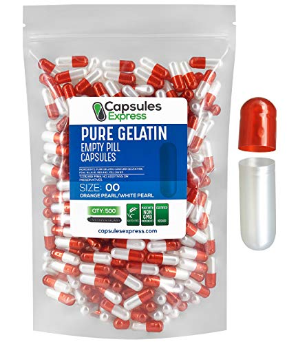 Capsules Express- Size 00 Pearl Orange and White Empty Gelatin Capsules 500 Count- Kosher and Halal - Pure Gelatin Pill Capsule - DIY Powder Filling