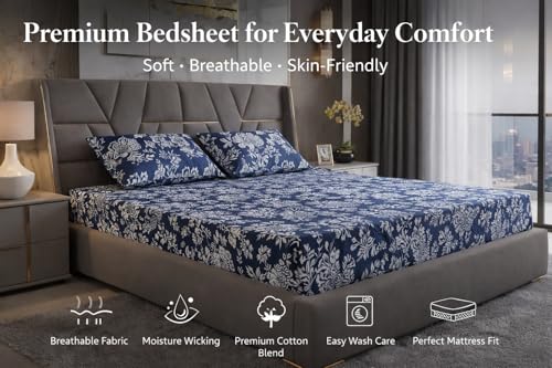 Image of 400TC Cotton Feel Glace Cotton Double Bed Fitted Bedsheet Set || Includes 1 Elastic Bedsheet King Size & 2 Pillow Covers (78 x 72 Inches, Aarchid Blue)