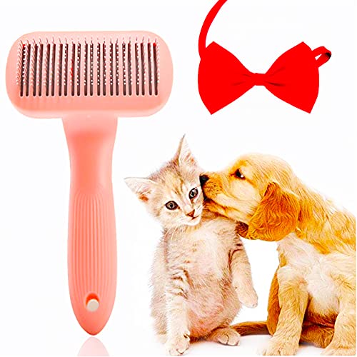 BLBBLBGDD Cat Grooming Brush, Self Cleaning Slicker Brushes for Dogs Cats Pet Grooming Brush Tool Gently Removes Loose Undercoat, Mats Tangled Hair Slicker Brush for Pet Massage-Self Cleaning（Gift bow tie）