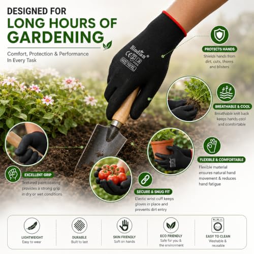 Image of Bindian Gardening Gloves for Men & Women | Heavy Duty Garden Gloves for Home Gardening, Farming & Agriculture | Durable Hand Gloves for Digging, Weeding, Planting & Outdoor Work (2 Pair Black)