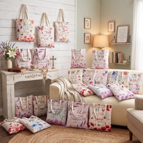 Image of Paterr 24 Pcs Christian Canvas Tote Bags for Women Gifts Religious Gift Bag | Back to School Tote Bags with Handles, Reusable Bible Verse Gift Bags, Inspirational Floral Handbag, for Teacher Church Party