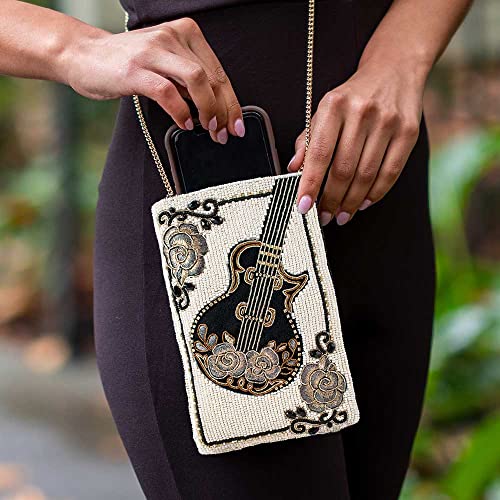 Image of Mary Frances Guitar Player Beaded Crossbody Cell Phone Bag with Music Theme Design, Ivory