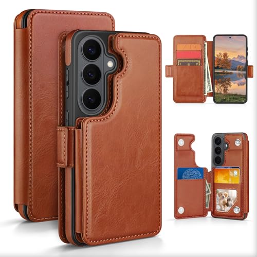 RingPi Designed for Samsung Galaxy S26 Case Wallet with Card Holder [Full Front & Back Protection][Magnetic Clasp Cover][RFID Blocking Leather] Shockproof Unisex Case for Samsung S26 Light Brown