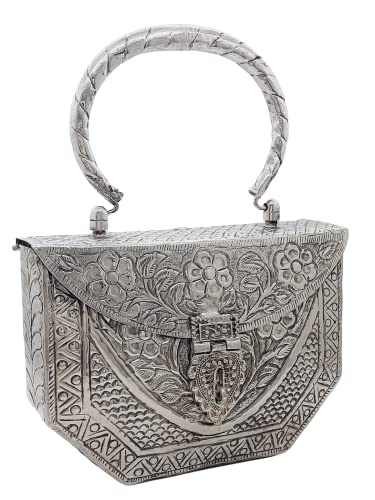 Image of Trend Overseas Women's Silver Brass Metal Handle Clutch Handmade Antique Ethnic Hand Clutch