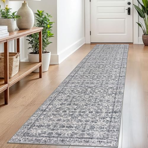 2x8 Grey Blue Washable Runner Rug for Hallways, Soft Classic Kitchen Rugs with Non-Slip, Non-Shedding Distressed Floral Rug for Hallways Entryway Bedroom Bathroom Laundry Indoor