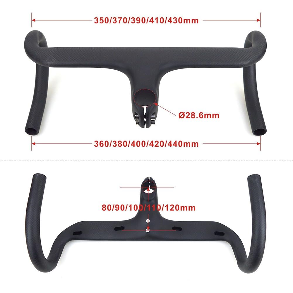 FACAIIO Guidon intégré en fibre de carbone pour vélo de route, potence de 28,6 mm, angle de -6°, barre de vélo de course légère de 315 g