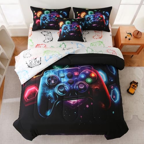 Image of 6 Pcs Bed in A Bag Gaming Full Size Comforter Sets for Boys,Gamer Bedding Set,Game Console Full Comforter Set with Sheets for Kids Teens