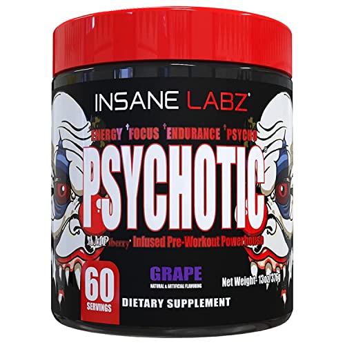 Image of Insane Labz Psychotic, High Stimulant Pre Workout Powder, Extreme Lasting Energy, Focus and Endurance with Beta Alanine, Creatine Monohydrate, DMAE, 60 Srvgs, Grape