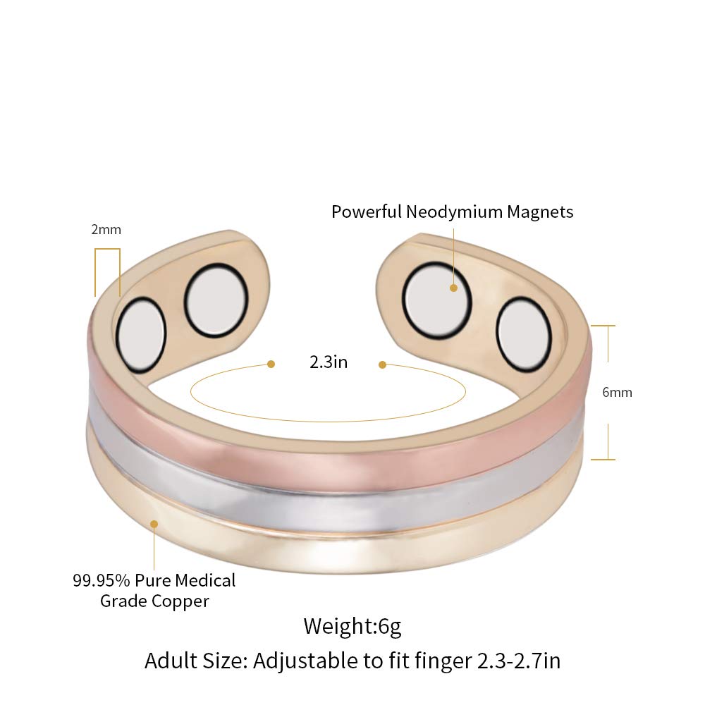Tri-Tone Magnetische Kupfer-Armreifen und -Ring für Frauen oder Männer, 8 Magnete, verstellbare Größe 16,5 cm, perfektes Mutter- oder Ehefrau-Geschenk