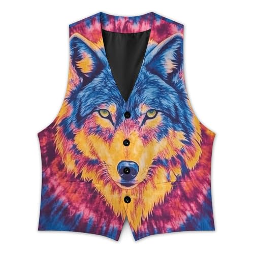 Tie Dye Pattern of Wolf Men's Suit Vest Slim Fit V-Ncek Waistcoat Business Casual Vest3