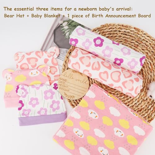 Image of DRESHOW BQUBO Cotton Baby Swaddle Hat Set Newborn Infant Receiving Blankets with Bear Ears Hat Wooden Birth Announcement Card Newborn Unisex Swaddle Wrap Sets Warm Shower Gift
