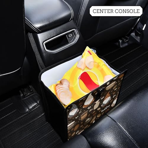 Image of Car Trash Can Organizer Bin with Adjustable Strap for Back Front Seat Console Waterproof Leakproof Collapsible Portable 8.66 Inch Brown Gnomes Coffee Beans Cups