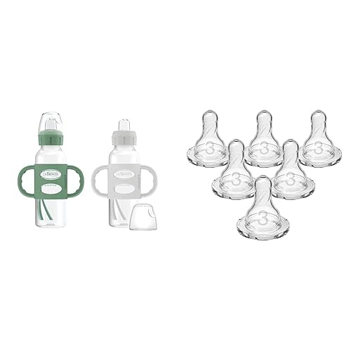 Dr. Brown's Milestones - Paquete de 2 botellas para sorber con boquilla de flujo medio rápido nivel 3, paquete de 6, 8 onzas, verde y gris, 19.7 ft+