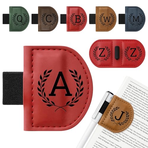 Personalized Bygone Mark Bookmark with Pen Holder Engraving Leather Magnetic Bookmarks Vintage 26 Letters Name Initials Text Book Marker Clips Gifts for Reading Book Lovers Women (Red A)