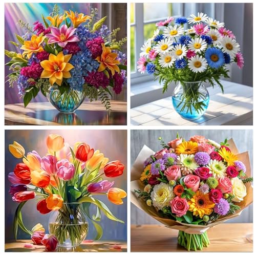 Peinture diamant fleurs GLIDIAM lot de 4 kits complets 30x30 cm pour broderie mosaïque adulte