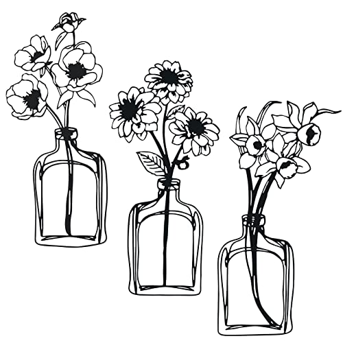 SEGNAYEN Metal Flowers Wall Art Décor, 3 Pieces Minimalist Floral Wall Art for Indoor Bathroom Kitchen Bedroom Living Room, Black Flower in Vase Wire Wall Hanging Decoration for Outdoor Patio Balcony