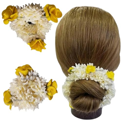 AnNafi Mogra White Gajra Flower Rubber Band for Hair and Hand Accessories, Indian Bridal Style, 1 Count (Yellow)