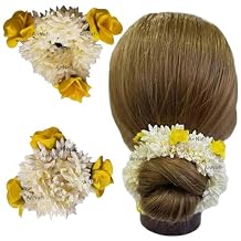 AnNafi White Mogra Gajra Hair Tie - Handcrafted, Reusable & Wearable Floral Bracelette & Hair Accessory for Women - Traditional Indian Bridal Hair & Hand Adornment - Yellow