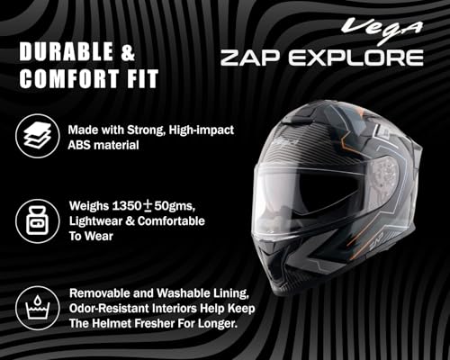 Image of Vega Zap Explore D /V Full Face Riding Helmet with Dual Visor, Shock Absorbing Liner, Comfortable Interior, Lightweight Build, Aerodynamic Design, and Modern Black Grey Styling Black Grey-XL