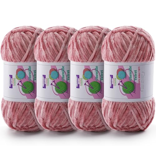 Image of Chenille Velvet Yarn for Crocheting, Pink Fuzzy Fluffy Yarn for Crochet | 4 Pack 14 Oz, 524.8 Yds Bulky Thick Chunky Yarn for Crocheting, Soft Amigurumi Yarn for knitting Baby Blankets, Scarves, Hats