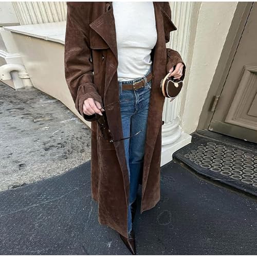 utcoco Womens Faux Suede Long Trench Coat Notched Lapel Double Breasted Pea Coat Overcoat with Belt4