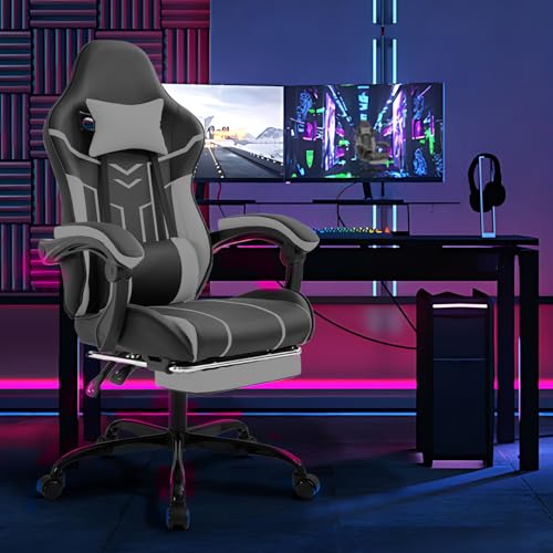 Image of Gaming Chair with Headrest and Lumbar Support, High Back Computer Office Desk Chair with Footrest, 360 Swivel Height Adjustable Recliner Game Chair (Gray Black)