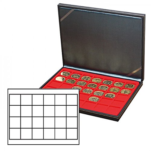 LINDNER Das Original Cassetta per Monete Nera M con Inserto per Monete Rosso Chiaro con 24 Scomparti Quadrati per Monete/Capsule per Monete Fino a Ø 42 mm