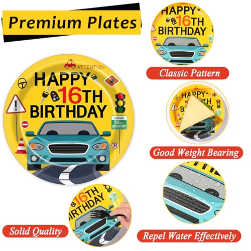 Image of 100 Pcs Drivers License 16th Birthday Party Decorations New Driver Car Plates and Napkins Set Disposable Racing 16 Years Old Paper Tableware for Boys Learner Driver Theme Supplies Serves 25