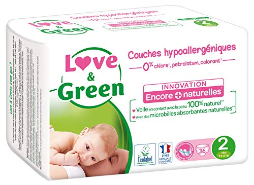 Love & Green - Pañales para bebés saludables y ecológicos - Talla 2 (3-6 kg) - 36 pañales - Absorbiente, antifugas y sin ingredientes no deseados