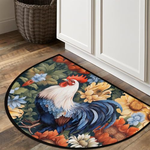 Image of cfpolar Animals Rooster Sunflowers Half Round Door Mat Outdoor Entrance Large 24 inchx36 inch Half Circle Welcome Entrance Way Mat Semi Circular Front Door Mat Area Rug for Garage, Patio, High Traffic Areas