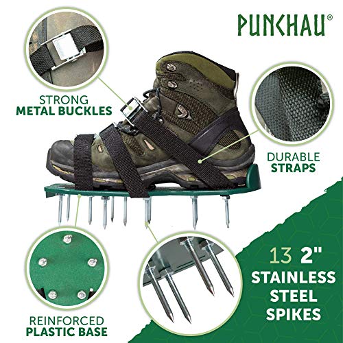 Punchau Lawn Aerator Shoes w/Metal Buckles and 3 Straps - Heavy Duty Spiked Sandals for Aerating Your Lawn or Yard