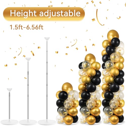 Image of 2 Set Black and Gold Balloons Column Stand Kit with 100 Balloons Adjustable Balloon Stand with Bases for Floor Black Gold Confetti Balloon Column Kit for Bridal Shower Valentine Birthday Party Decor