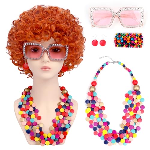 Image of Women Roper Curly Orange Red Cosplay Wig with Necklace Earrings and Sunglasses for Women Hallween Costume Wig