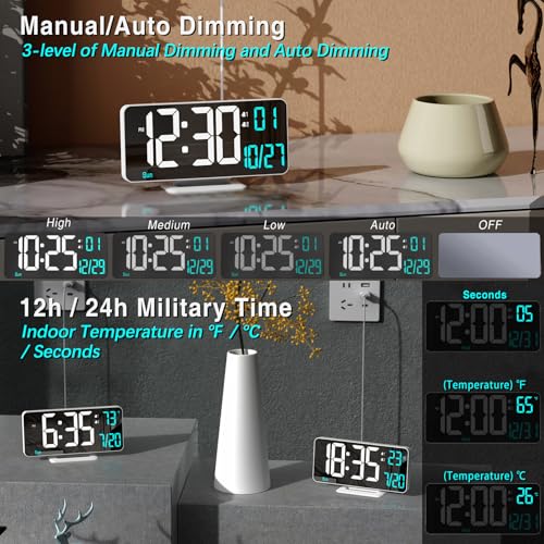 Image of KOSUMOSU Digital LED Clocks for Bedrooms 6.7in White Alarm Clock, Dimming, 12 /24h, Date, Day of Week,Temp,Desk Clock, LED Clock for Bedside, Digital Calendar Clocks for Living Room Essentials