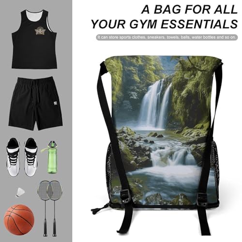 Drawstring Gym Backpack with Shoe Compartment And Wet Pocket, 28L Lightweight Waterproof Waterfall Landscape Painting Sports Backpack for Workout Swim Beach Travel String Bag for Men Women3
