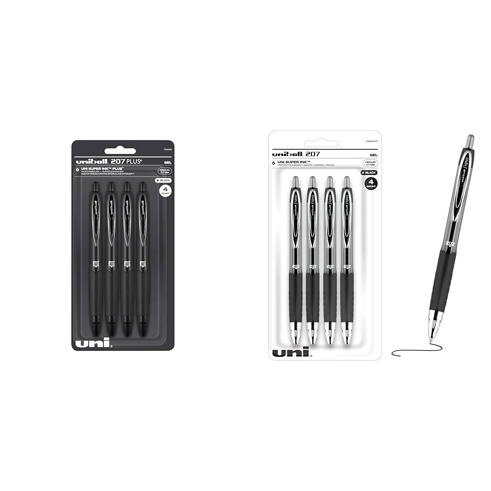 Uniball Signo 207+ Gel Pen 4 Pack, 0.7mm Medium Black Pens & Uniball Signo Gel 207™ Retractable Gel Pens, Medium Point, 0.7 mm, Clear Barrel, Black Ink, Pack Of 4