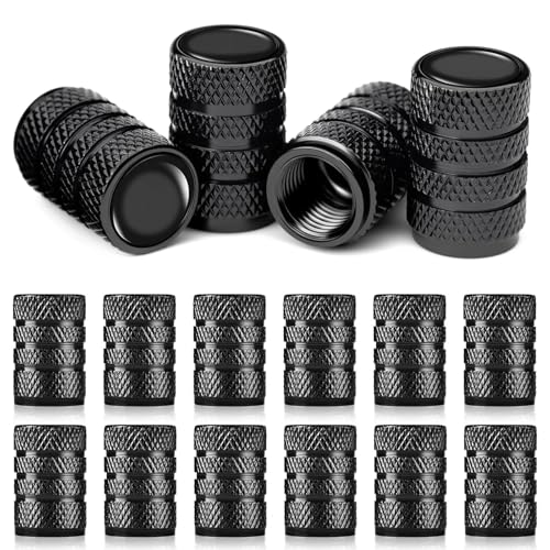 Gykutix Tapones Rueda Coche y Tapones Válvula Neumáticos de Aluminio Anodizado Juego de 4 Piezas Universales con Junta Hermética Anticorrosión para Moto, SUV, Bici, Camión (Negro)