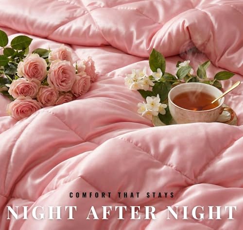 Image of SANMARINO Satin Silk Comforter Set for Double Bed - 300 TC Premium Satin Bedsheet with Pillow Covers, Luxury Complete Bedding Set, Soft Silky Finish, Bedroom Home Furnishing Gift Set - Rose Petal Pink