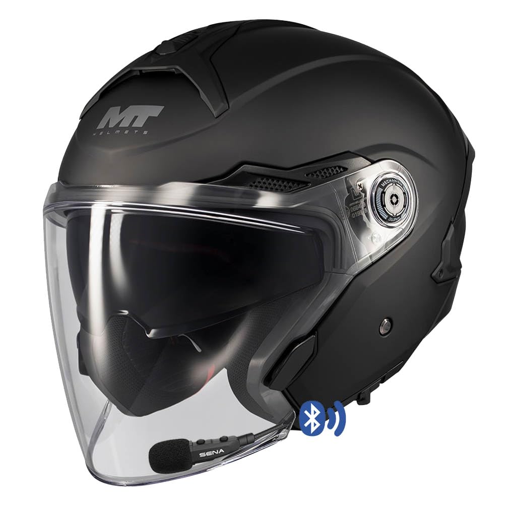 MT Cosmo SV Pure Designed Negro Mate Bluetooth Sena Integrado - Casco de Moto Jet Abierto con Visor Solar - Helmets Unisex Hombre y Mujer - Homologado ECE 22.06